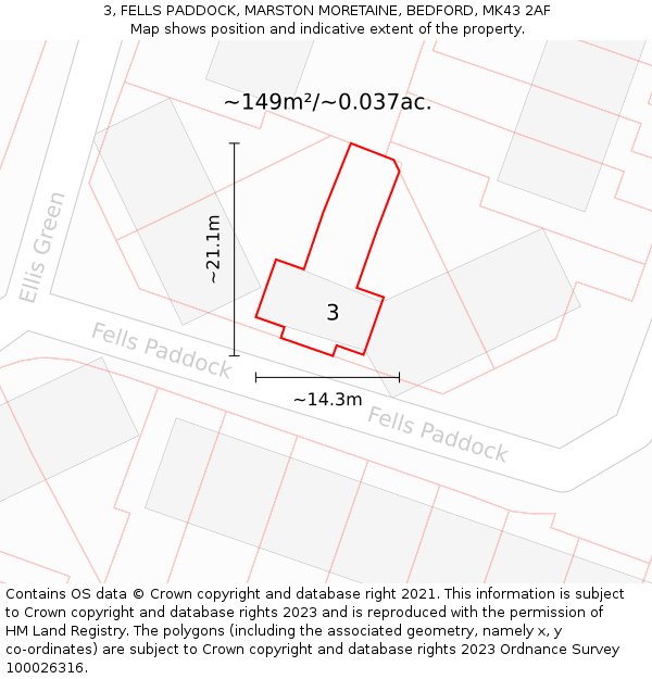 3, FELLS PADDOCK, MARSTON MORETAINE, BEDFORD, MK43 2AF: Plot and title map