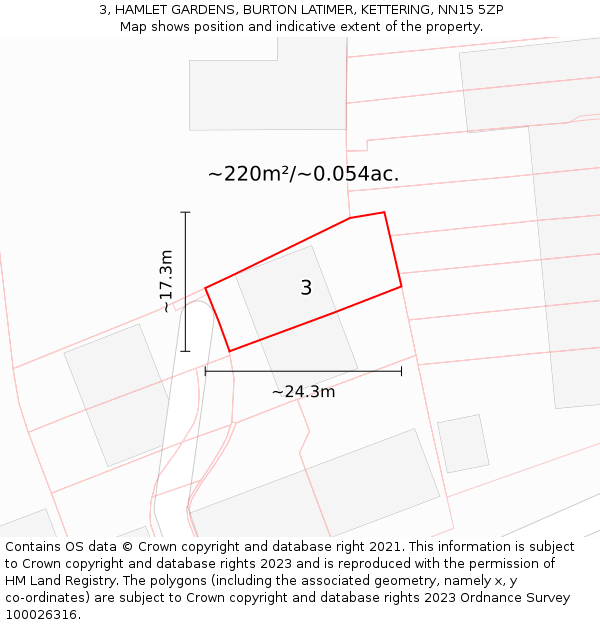 3, HAMLET GARDENS, BURTON LATIMER, KETTERING, NN15 5ZP: Plot and title map