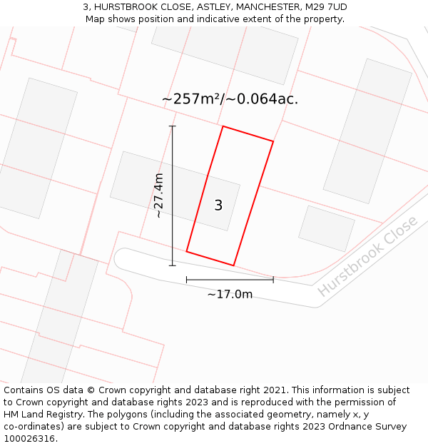 3, HURSTBROOK CLOSE, ASTLEY, MANCHESTER, M29 7UD: Plot and title map