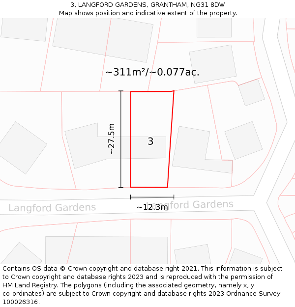 3, LANGFORD GARDENS, GRANTHAM, NG31 8DW: Plot and title map