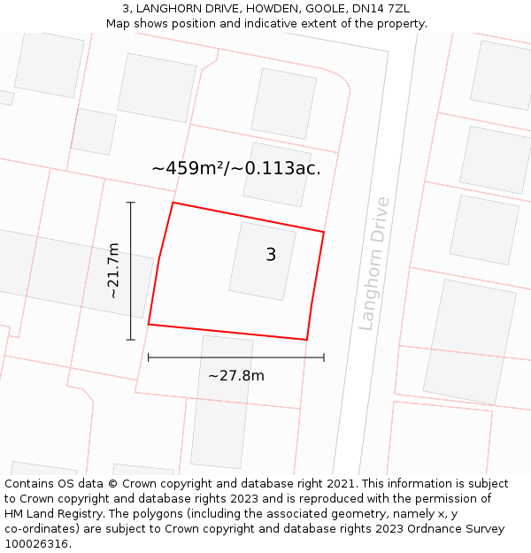 3, LANGHORN DRIVE, HOWDEN, GOOLE, DN14 7ZL: Plot and title map