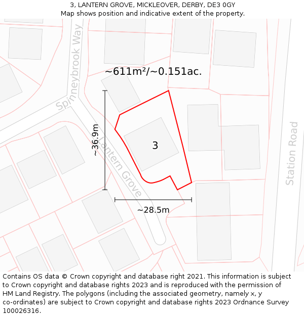 3, LANTERN GROVE, MICKLEOVER, DERBY, DE3 0GY: Plot and title map