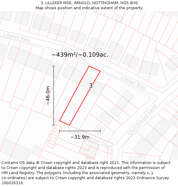 3, LILLEKER RISE, ARNOLD, NOTTINGHAM, NG5 8HS: Plot and title map