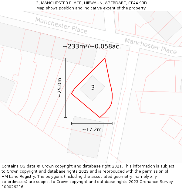 3, MANCHESTER PLACE, HIRWAUN, ABERDARE, CF44 9RB: Plot and title map