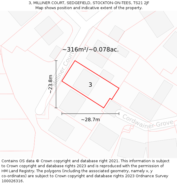 3, MILLINER COURT, SEDGEFIELD, STOCKTON-ON-TEES, TS21 2JF: Plot and title map