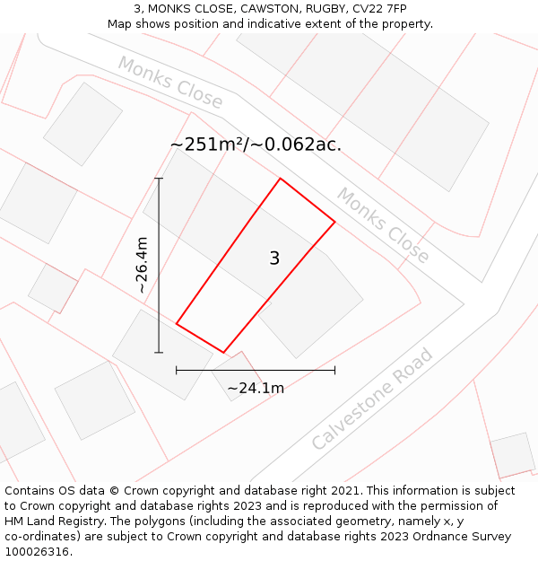 3, MONKS CLOSE, CAWSTON, RUGBY, CV22 7FP: Plot and title map