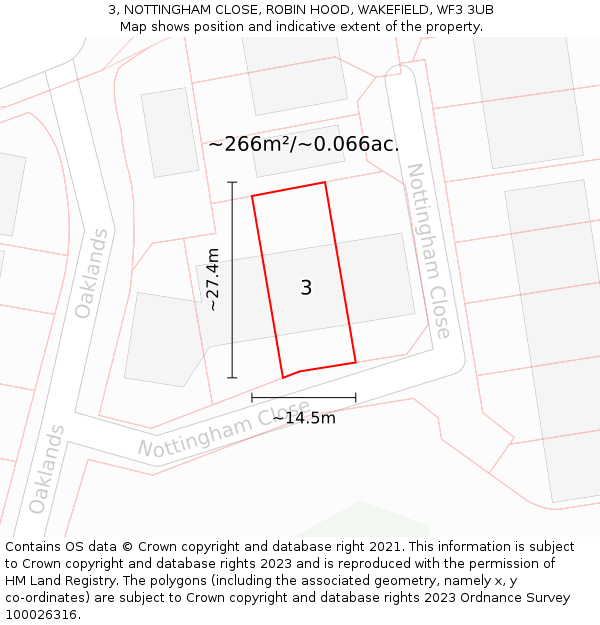 3, NOTTINGHAM CLOSE, ROBIN HOOD, WAKEFIELD, WF3 3UB: Plot and title map