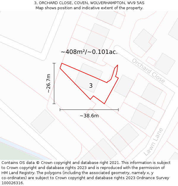 3, ORCHARD CLOSE, COVEN, WOLVERHAMPTON, WV9 5AS: Plot and title map