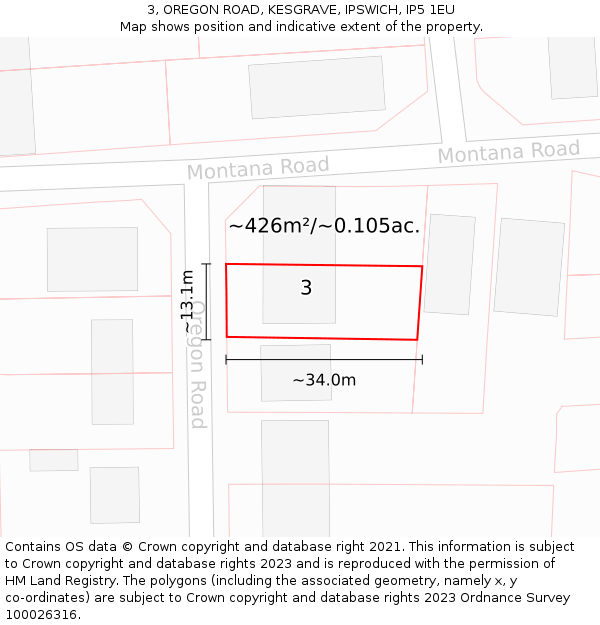 3, OREGON ROAD, KESGRAVE, IPSWICH, IP5 1EU: Plot and title map