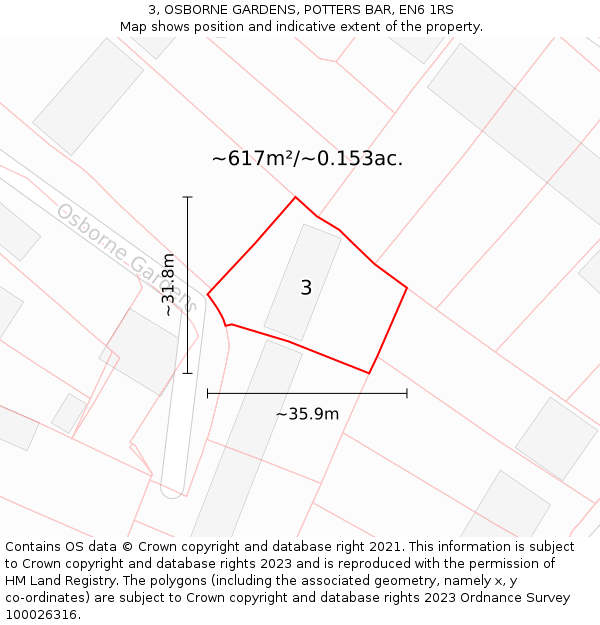 3, OSBORNE GARDENS, POTTERS BAR, EN6 1RS: Plot and title map