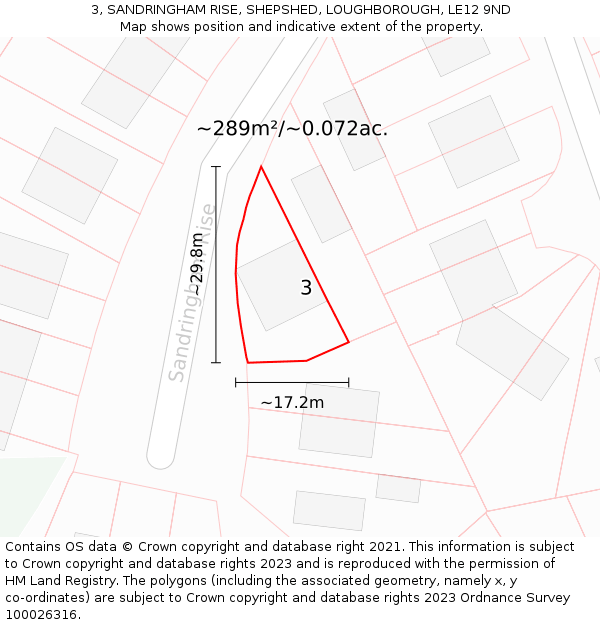 3, SANDRINGHAM RISE, SHEPSHED, LOUGHBOROUGH, LE12 9ND: Plot and title map