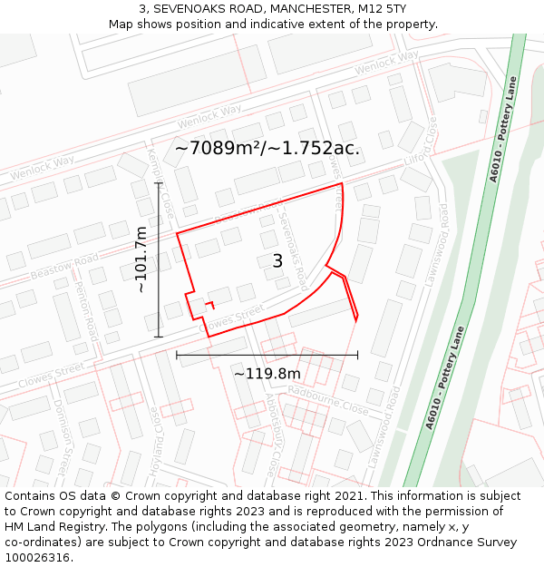 3, SEVENOAKS ROAD, MANCHESTER, M12 5TY: Plot and title map