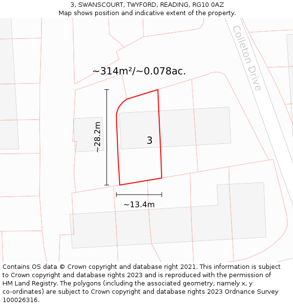 3, SWANSCOURT, TWYFORD, READING, RG10 0AZ: Plot and title map