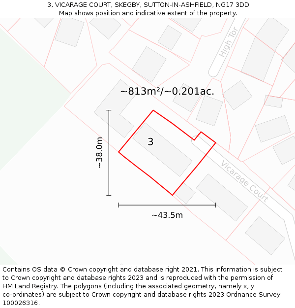 3, VICARAGE COURT, SKEGBY, SUTTON-IN-ASHFIELD, NG17 3DD: Plot and title map