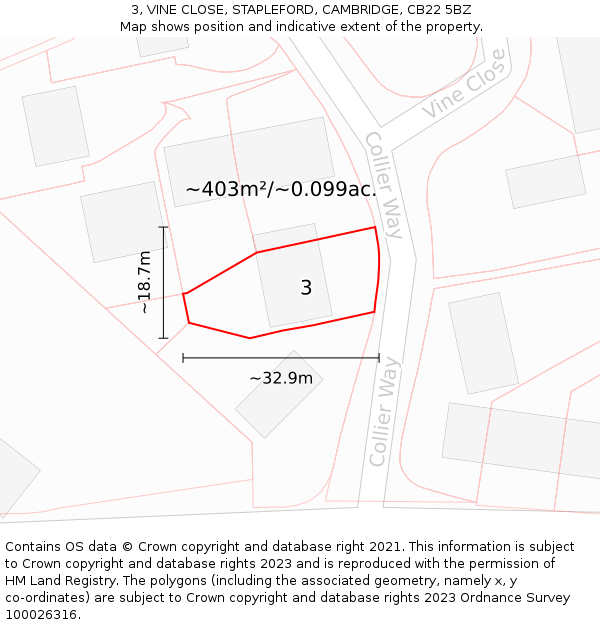 3, VINE CLOSE, STAPLEFORD, CAMBRIDGE, CB22 5BZ: Plot and title map