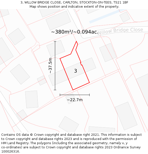 3, WILLOW BRIDGE CLOSE, CARLTON, STOCKTON-ON-TEES, TS21 1BF: Plot and title map