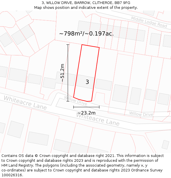 3, WILLOW DRIVE, BARROW, CLITHEROE, BB7 9FG: Plot and title map