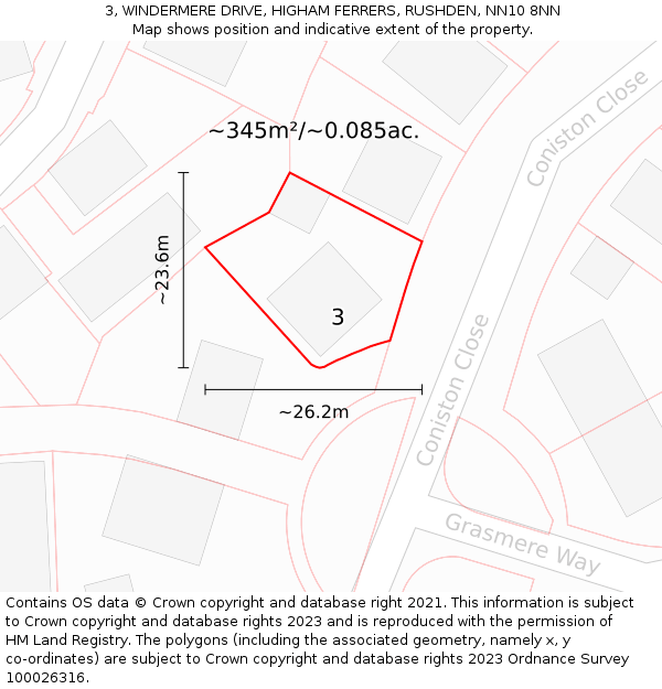 3, WINDERMERE DRIVE, HIGHAM FERRERS, RUSHDEN, NN10 8NN: Plot and title map