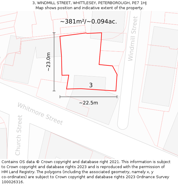 3, WINDMILL STREET, WHITTLESEY, PETERBOROUGH, PE7 1HJ: Plot and title map