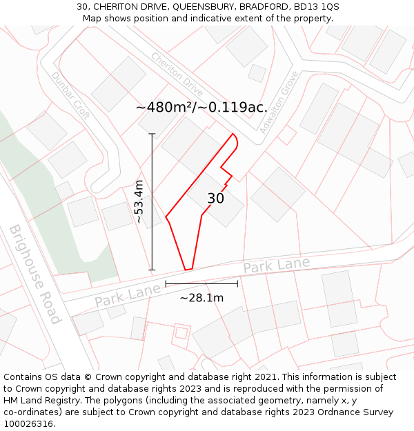 30, CHERITON DRIVE, QUEENSBURY, BRADFORD, BD13 1QS: Plot and title map