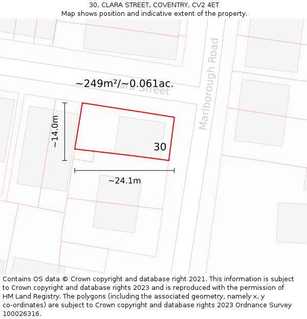 30, CLARA STREET, COVENTRY, CV2 4ET: Plot and title map