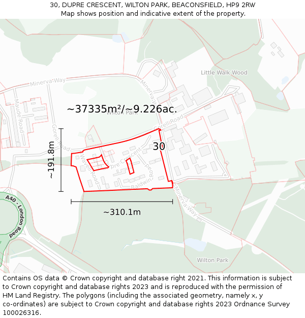 30, DUPRE CRESCENT, WILTON PARK, BEACONSFIELD, HP9 2RW: Plot and title map