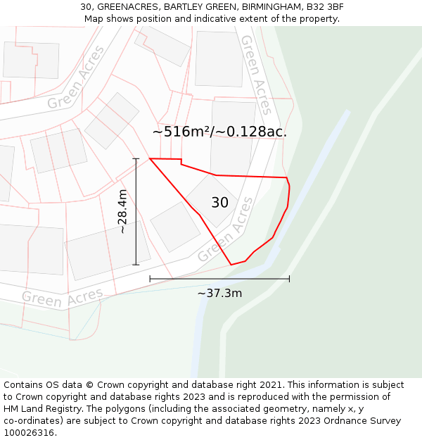 30, GREENACRES, BARTLEY GREEN, BIRMINGHAM, B32 3BF: Plot and title map