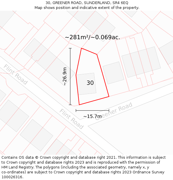 30, GREENER ROAD, SUNDERLAND, SR4 6EQ: Plot and title map