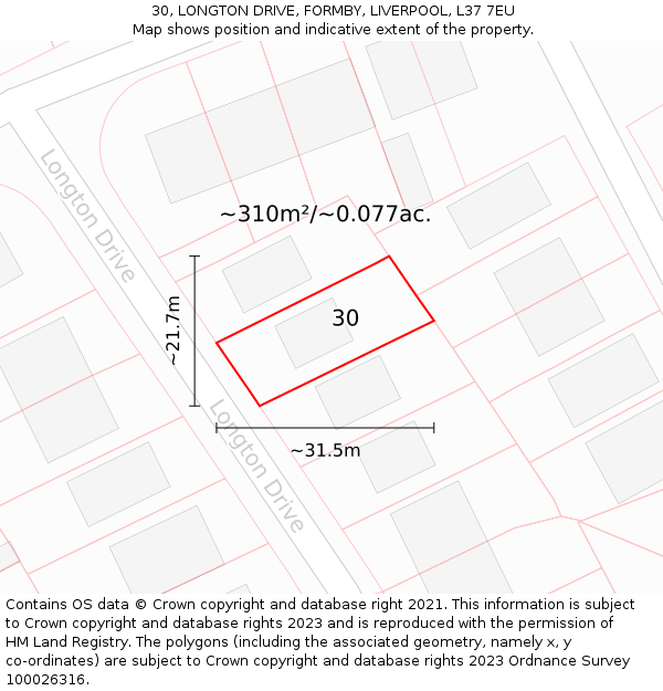 30, LONGTON DRIVE, FORMBY, LIVERPOOL, L37 7EU: Plot and title map