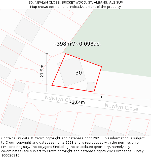 30, NEWLYN CLOSE, BRICKET WOOD, ST. ALBANS, AL2 3UP: Plot and title map