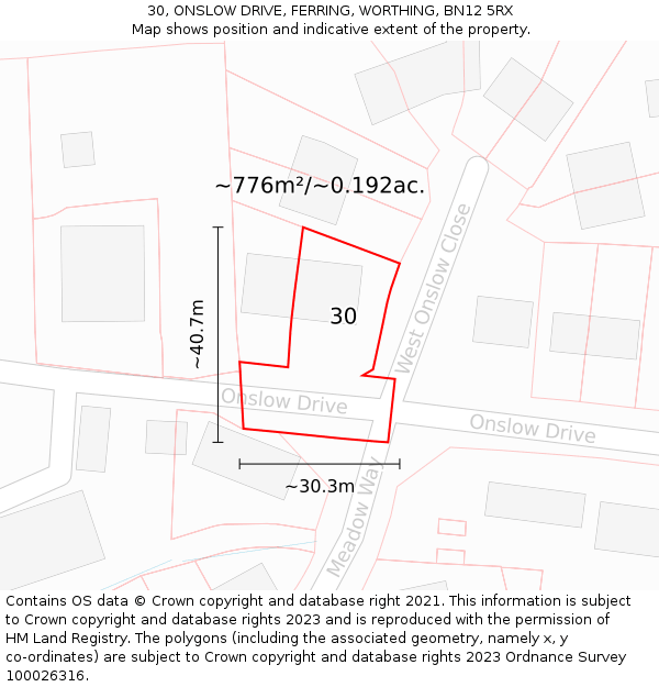 30, ONSLOW DRIVE, FERRING, WORTHING, BN12 5RX: Plot and title map