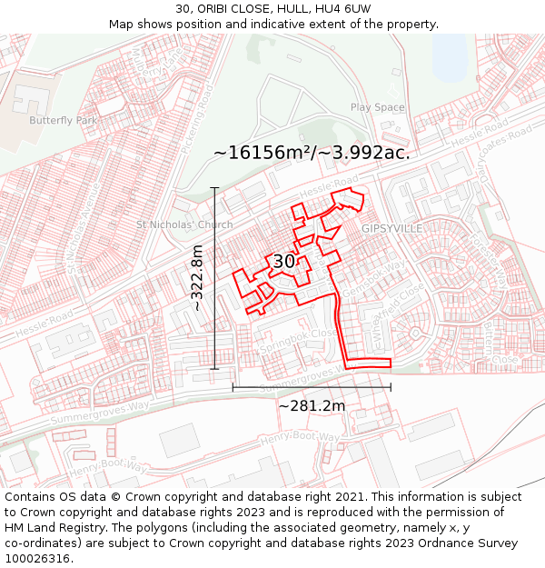 30, ORIBI CLOSE, HULL, HU4 6UW: Plot and title map