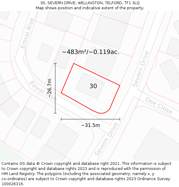 30, SEVERN DRIVE, WELLINGTON, TELFORD, TF1 3LQ: Plot and title map