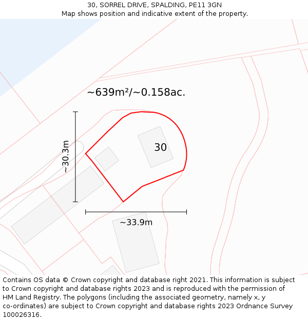 30, SORREL DRIVE, SPALDING, PE11 3GN: Plot and title map