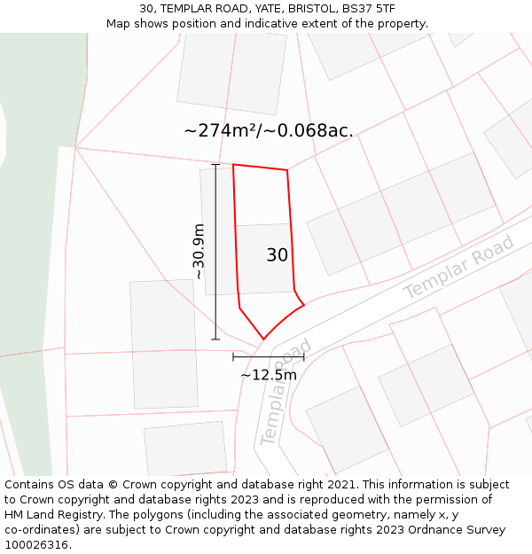 30, TEMPLAR ROAD, YATE, BRISTOL, BS37 5TF: Plot and title map