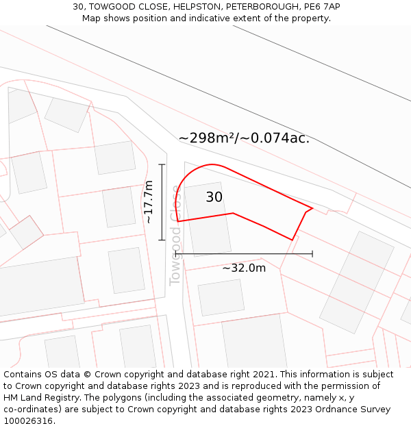 30, TOWGOOD CLOSE, HELPSTON, PETERBOROUGH, PE6 7AP: Plot and title map