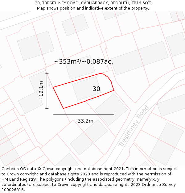 30, TRESITHNEY ROAD, CARHARRACK, REDRUTH, TR16 5QZ: Plot and title map