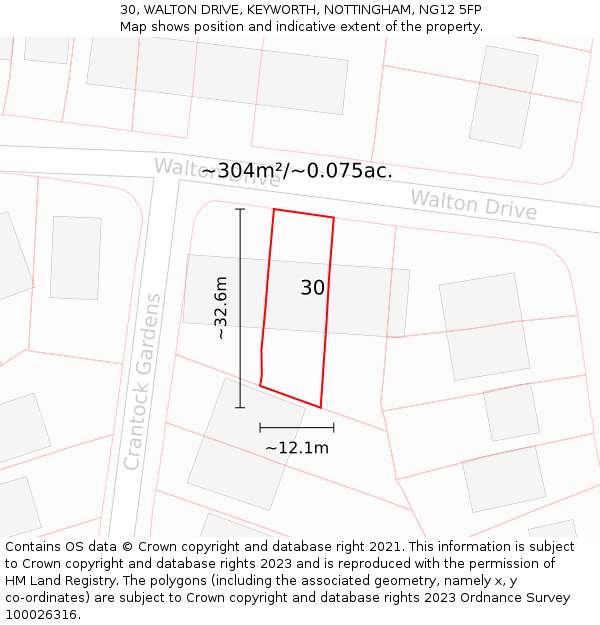 30, WALTON DRIVE, KEYWORTH, NOTTINGHAM, NG12 5FP: Plot and title map