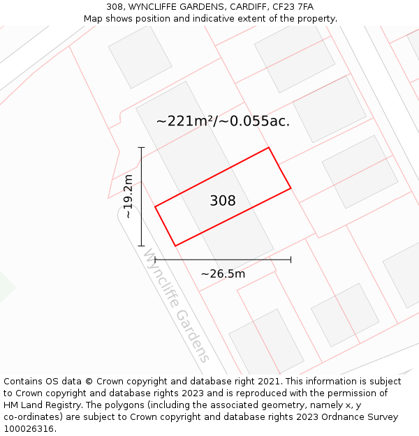 308, WYNCLIFFE GARDENS, CARDIFF, CF23 7FA: Plot and title map