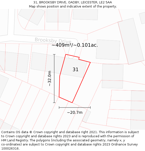 31, BROOKSBY DRIVE, OADBY, LEICESTER, LE2 5AA: Plot and title map