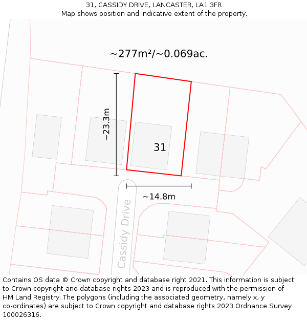 31, CASSIDY DRIVE, LANCASTER, LA1 3FR: Plot and title map