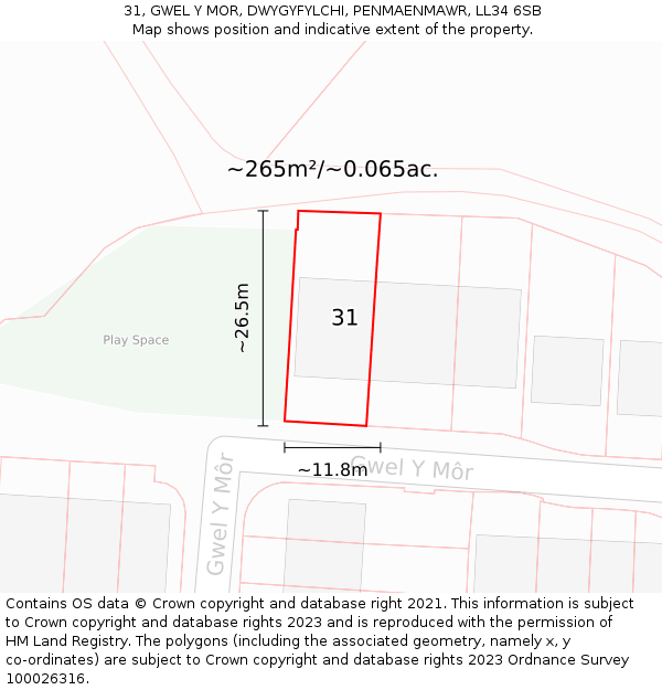 31, GWEL Y MOR, DWYGYFYLCHI, PENMAENMAWR, LL34 6SB: Plot and title map