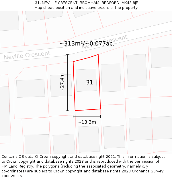 31, NEVILLE CRESCENT, BROMHAM, BEDFORD, MK43 8JF: Plot and title map