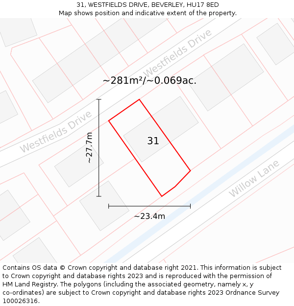 31, WESTFIELDS DRIVE, BEVERLEY, HU17 8ED: Plot and title map