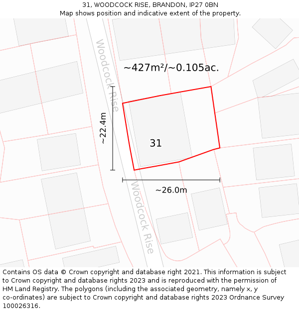 31, WOODCOCK RISE, BRANDON, IP27 0BN: Plot and title map