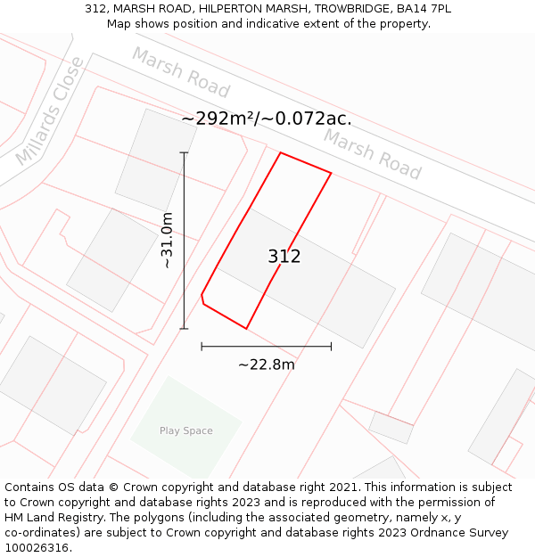 312, MARSH ROAD, HILPERTON MARSH, TROWBRIDGE, BA14 7PL: Plot and title map