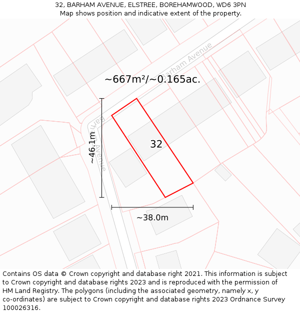 32, BARHAM AVENUE, ELSTREE, BOREHAMWOOD, WD6 3PN: Plot and title map