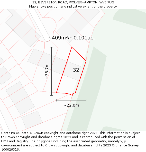 32, BEVERSTON ROAD, WOLVERHAMPTON, WV6 7UG: Plot and title map