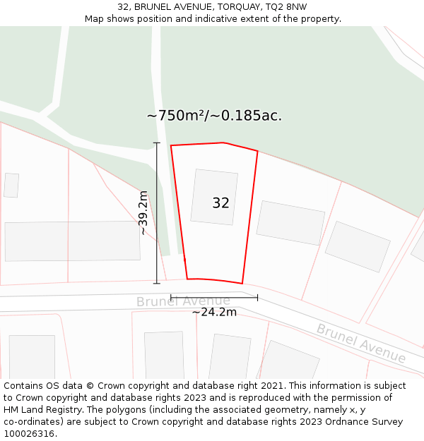 32, BRUNEL AVENUE, TORQUAY, TQ2 8NW: Plot and title map