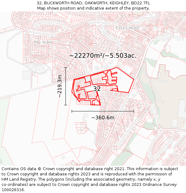 32, BUCKWORTH ROAD, OAKWORTH, KEIGHLEY, BD22 7FL: Plot and title map